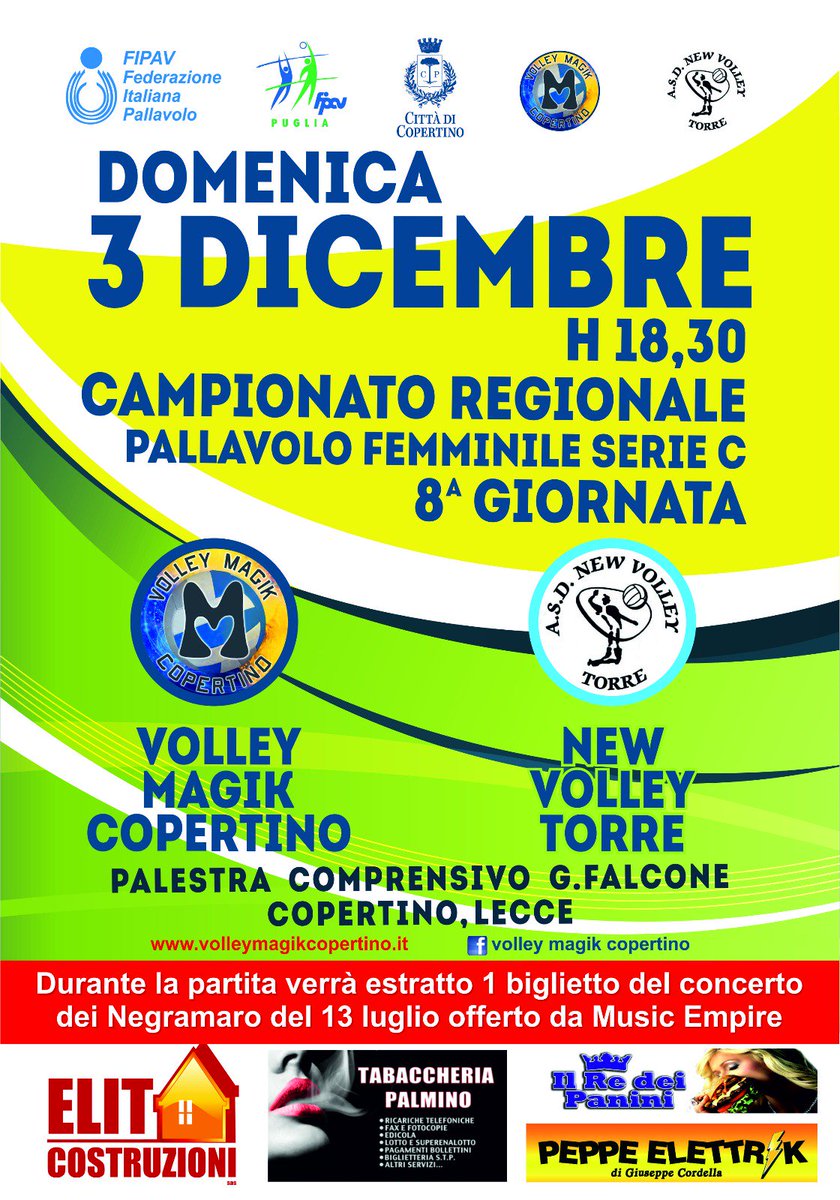 CopertinoMagik's tweet photo. 🏐 Per l'8ª giornata di campionato le nostre ragazze affronteranno in casa la #NewVolleyTorre 🏐 Durante la partita verrà estratto un biglietto del concerto @Negramaro del 13 luglio offerto da Music Empire #VolleyMagikCopertino #NoisiamolaMagik #ForzaMagik #volley @fipavpuglia https://t.co/I6ElPQGfYe