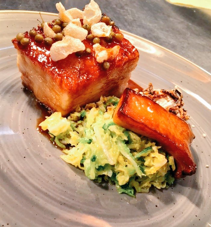 Aarondoherty87's tweet photo. A tasty one for lunch here @HarrysDerry miso glazed pork belly, walled garden Savoy &amp; crab apple mustard. king oyster mushrooms. https://t.co/w9AJBZLavJ