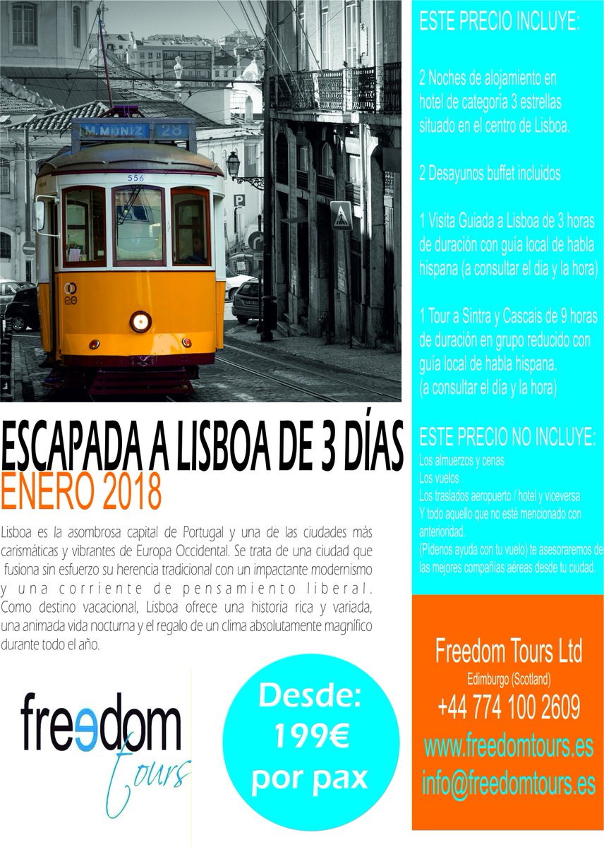 Freedom_Tours_'s tweet photo. ESCAPADA A LISBOA DE 3 DÍAS DE DURACIÓN
ENERO 2018

Desde 199€ por persona.
Para más información:
info@freedomtours.es
https://t.co/kDt90d27iR https://t.co/URoe4ym22F