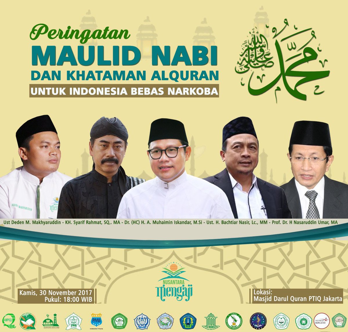 FOLDERSHOP's tweet photo. Insya Allah hadir ust. Bachtiar nasir, Cak Imin, Nasaruddin Umar, KH Syarif Rahmat , serta Deden Makhyaruddin. #MaulidNabiSatukanBangsa https://t.co/AJmVjXUsLF