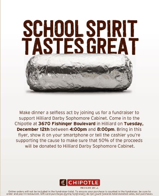 See you at Chipotle (Fishinger Blvd) on December 12th!
Support the Sophomore Class Cabinet!