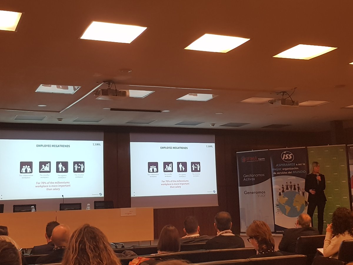 ISS_ES's tweet photo. "Para el 70% de los #millennials el #workplace es más importante que el salario", @GitteAndersen_ en el #WPS2017 de @IFMA_spain https://t.co/F2If9U1SIz
