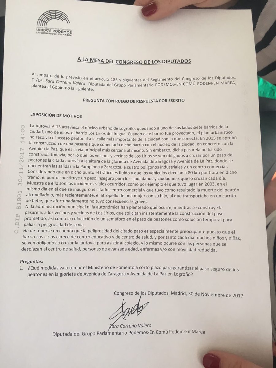 Pregunto al Gobierno qué medidas va a tomar para garantizar la seguridad vial en el paso peatonal de la A-13 en Logroño ante la desidia del Ayuntamiento y la Comunidad Autónoma <a href="/AALoslirios/">Asamblea Abierta de Los Lirios</a> <a href="/elkbdice/">Enrique Cabezón</a> <a href="/AytoLogrono/">Ayuntamiento Logroño</a> <a href="/podemoslogrono/">Podemos Logroño</a>