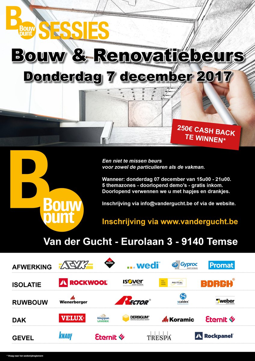 Kom langs op onze Bouw &amp; Renovatiebeurs op donderdag 7 december en mis de leerrijke demo's niet! Schrijf je snel in! vandergucht.be/nieuws-events/… <a href="/Rockpanel/">Rockpanel</a> <a href="/wedibenelux/">wedi benelux</a> @Gyproc @rockwool_BNL <a href="/KnaufBE/">Knauf Belgium</a> @VELUX @kingspanunidekB @ISOVER_NL @RubiBenelux <a href="/PromatBV/">Promat BV</a> @WienerbergerBE <a href="/Derbigum/">Derbigum</a>