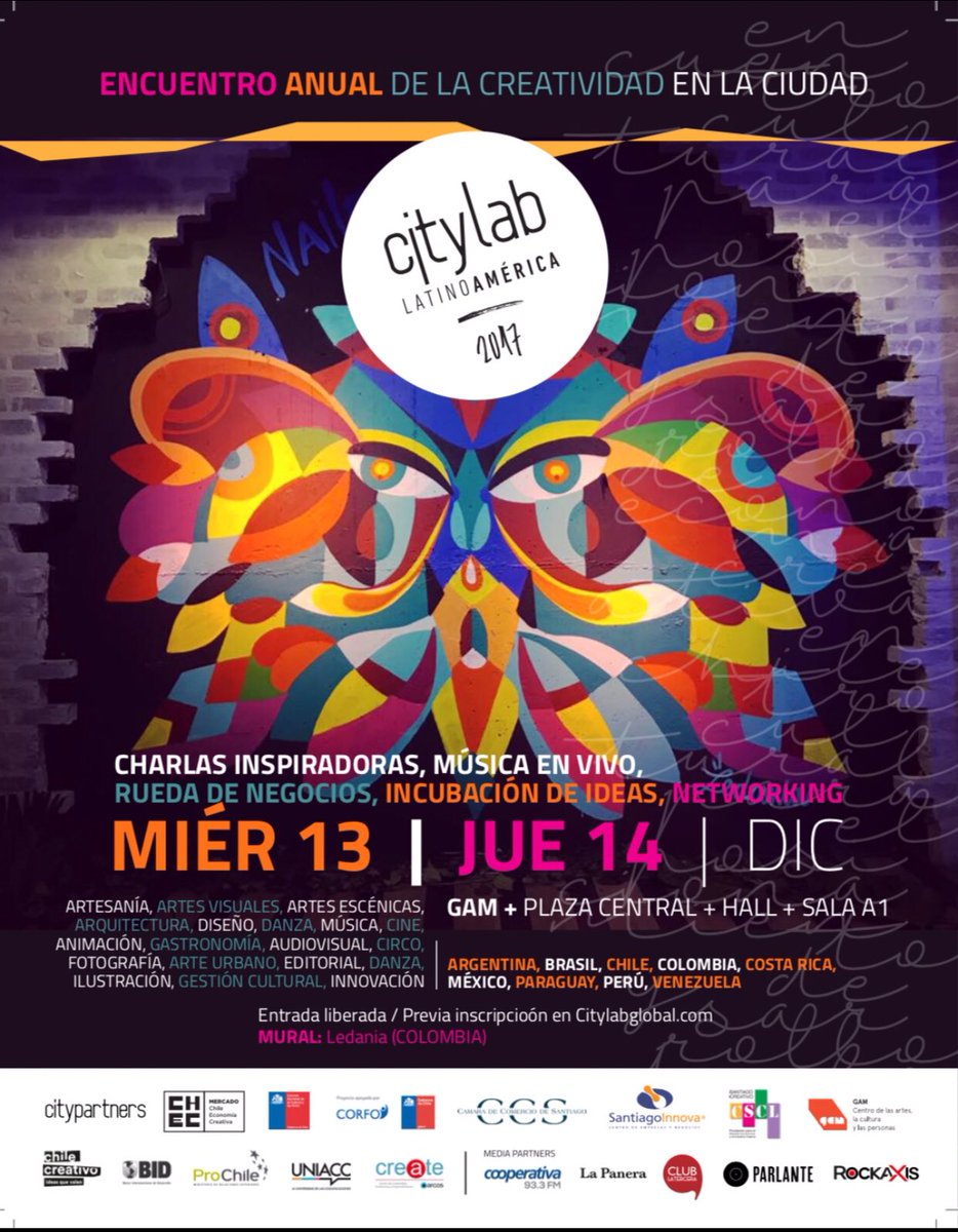 Charlas inspiradoras, música en vivo, rueda de negocios, incubación, networking
Miercolés 13 de Diciembre de 9 a 21:30 hs
Jueves 14 de Diciembre de 11 a 21:30 hs 
Centro Cultural Gabriela Mistral
Entrada Liberada/ Previa Inscripción en citylabglobal.com