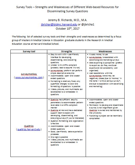 jbricha1's tweet photo. Follow-up from yesterday's #MedEd webinar on #survey #design - here is an selected, not comprehensive list of survey dissemination platforms with strengths & weaknesses @ATSMedEd @ATSfellows @atsearlycareer https://t.co/Y0uumpvU87