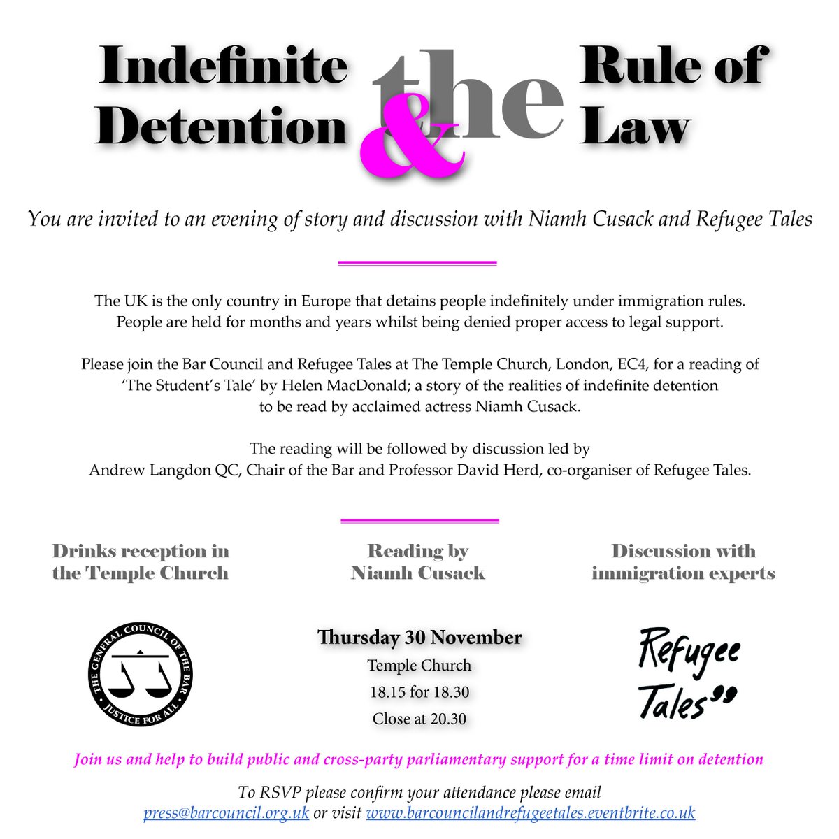 Registration still open for tonight's event - Indefinite Detention &amp; the Rule of Law - <a href="/TheTempleChurch/">The Temple Church</a> with Niamh Cusack &amp; <a href="/RefugeeTales/">The Refugee Tales</a>.  <a href="/BinghamCentre/">Bingham Centre for the Rule of Law</a> <a href="/JUSTICEhq/">JUSTICE</a> <a href="/libertyhq/">Liberty</a> <a href="/AmnestyUK/">Amnesty UK</a> - bit.ly/2zX0Gh5