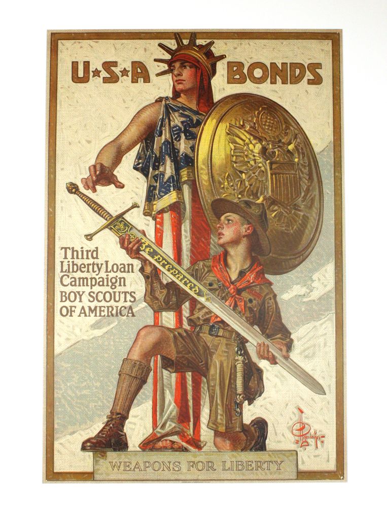 NJStateMuseum's tweet photo. #WWI In Joseph Christian Leyendecker’s stirring Weapons for Liberty (1918), a knighted Lady Liberty personifies America. The Boy Scouts of America distributed one million copies of this poster, raising more than $6 million. See an original poster today in #EmbattledEmblems. https://t.co/Ht0EeNHpj5