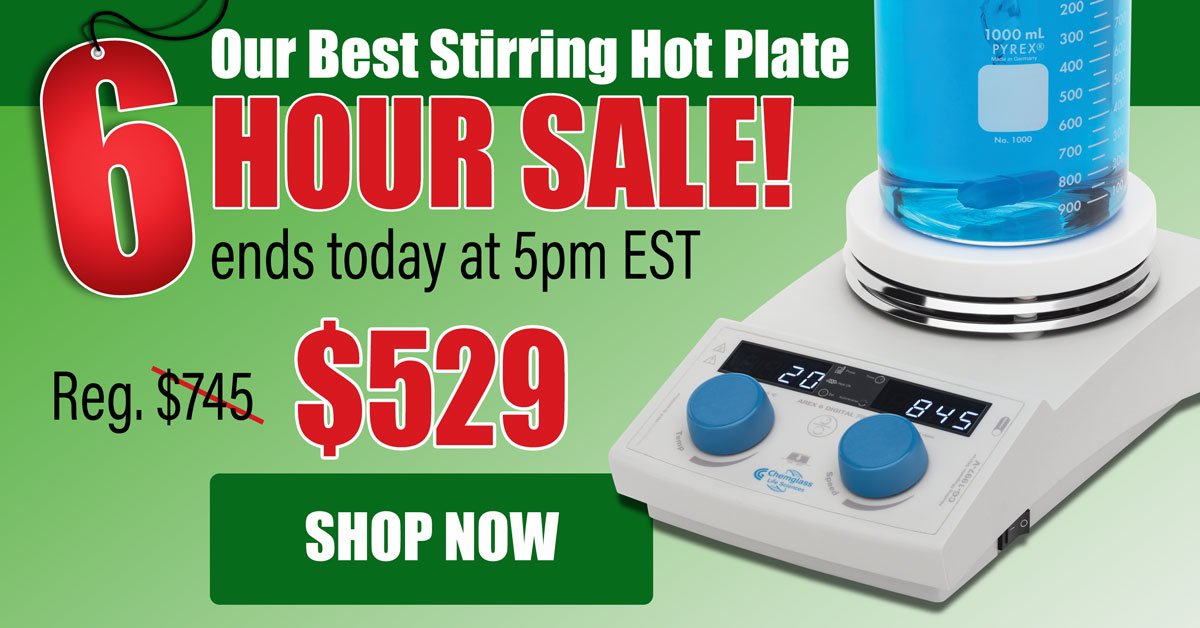 CHEMGLASS FLASH SALE- 6-Hour Sale ⚡ Best Magnetic Stirring Hot Plate With Timer. 
Sale ends at 5:00 pm Eastern
chemglass.com/magnetic-hot-p…