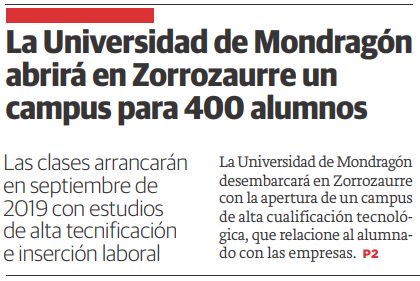 Mondragon Unibertsitatea abrirá una segunda sede en Bilbao. Hoy aparecemos en <a href="/elcorreo_com/">El Correo</a> bit.ly/2j4Spk7