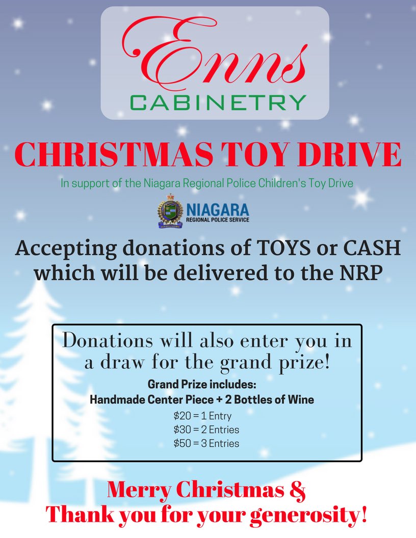 Enns Cabinetry is very proud to support the <a href="/NiagRegPolice/">NRPS</a> Toy Drive! We is accepting donations of toys or cash (which will be used to buy toys) that will be donated to the NRPS for children in need. Thank you for your generosity &amp; Merry Christmas!
#Christmas #ToyDrive