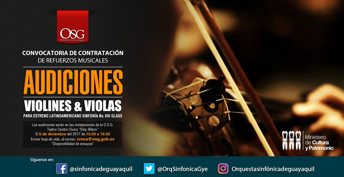 SinfonicaDeGye's tweet photo. AUDICIONES, para estreno de la Sinfonía N° 8 de Philip Glass. #AudicionesOSG https://t.co/5681l77gVV