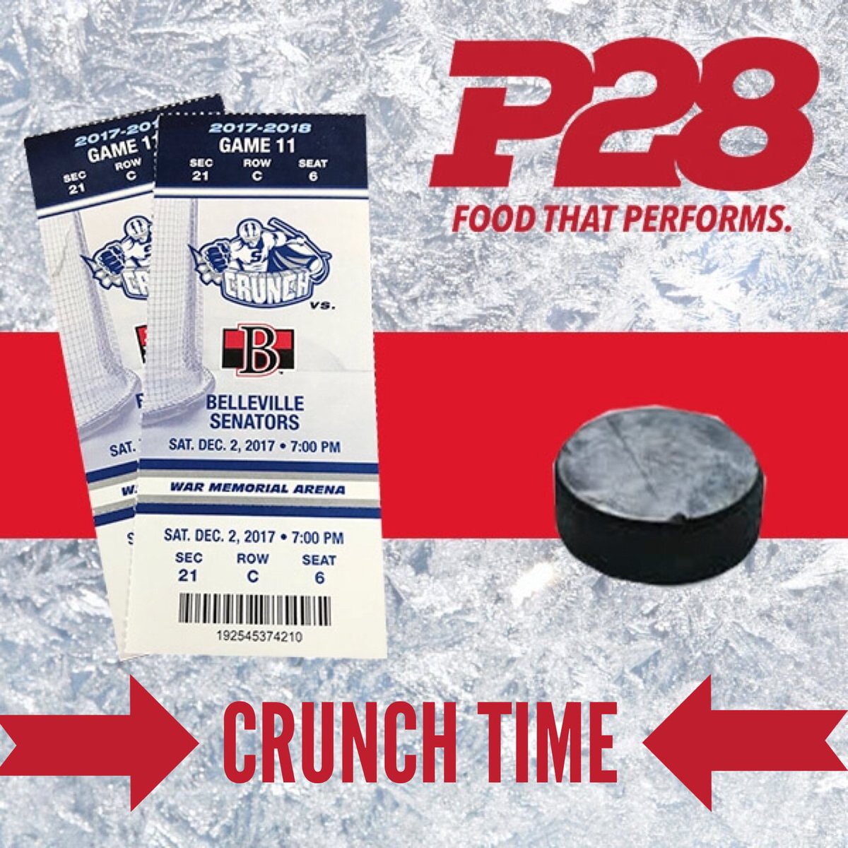 p28foods's tweet photo. Hey #P28Nation it's CRUNCH TIME! Head to our FB page to LIKE, COMMENT, or SHARE for a chance to win tickets to @SyracuseCrunch's game Saturday (12/02) against the @BellevilleSens. One random winner will be selected Friday (12/01). #BACKNBLUE #P28 #Syracuse https://t.co/qL5hdLrrqw