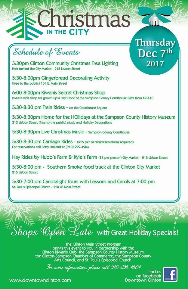 One week from today Christmas in the City will be held downtown. Carriage rides are on sale now and can be purchased through our planning department. Festivities begin at 5:30pm with our Christmas Tree lighting at Clinton City Market. We look forward to seeing you there!