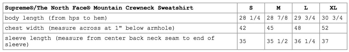 North Face Xs Size Chart