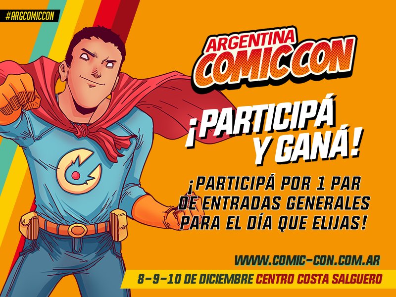ArgComicCon's tweet photo. [SORTEO] ¡Hacé RT y ganá! Sorteamos 2 pares de entradas para el día que quieras de #ArgComicCon. Hacé RT de esta publicación y ya estás participando. ¡El lunes anunciamos a los ganadores! Podés participar también en nuestro FB e instagram 😉 https://t.co/LiXfbYqKY6
