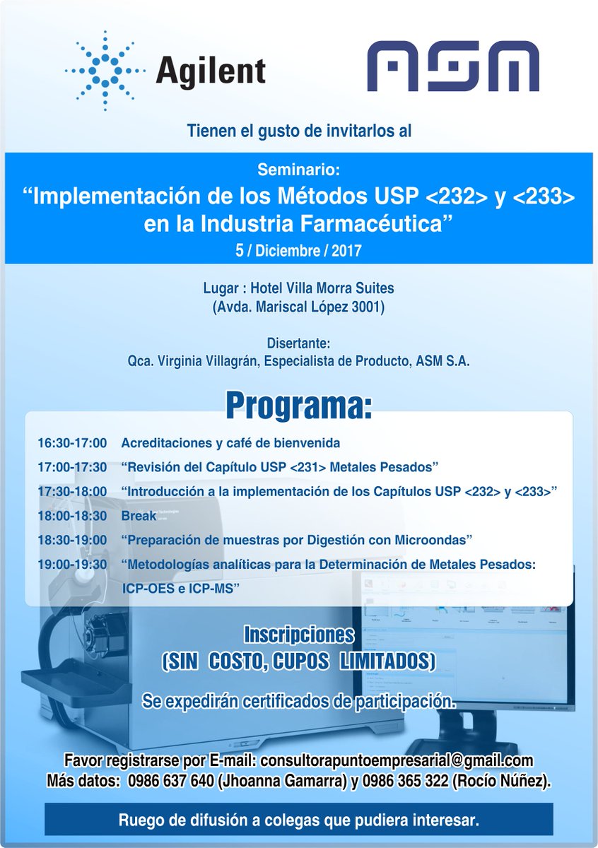 Invitación al Seminario "Implementación de los Métodos USP <232> y <233> en la Industria Farmacéutica.
El martes 5 de diciembre, en el <a href="/hotelvillamorra/">Villa Morra Suites</a>. 
Cupos limitados! Muchas gracias 
<a href="/loulinunez/">Lourdes Rocío Núñez</a> <a href="/JhoannaGamarra/">Jhoanna Gamarra ®</a> <a href="/fqp_orgpy/">fqp.org.py</a>