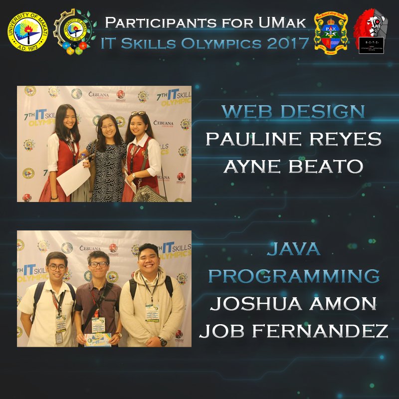 SBCABITS's tweet photo. The Bedan Information Technology Society - SBCA representatives in the UMak I.T. Skills Olympics 2017 last November 29, 2017 https://t.co/do4BESnWHT