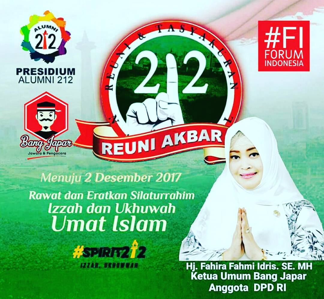 fahiraidris's tweet photo. Saya mengundang semua saudaraku tercinta sebangsa setanah air untuk hadir Reuni Akbar 212 di Monas. Mari mengeratkan silaturahim dan menguatkan ukhuwah. #Spirit212 https://t.co/WxaU1i3fs9