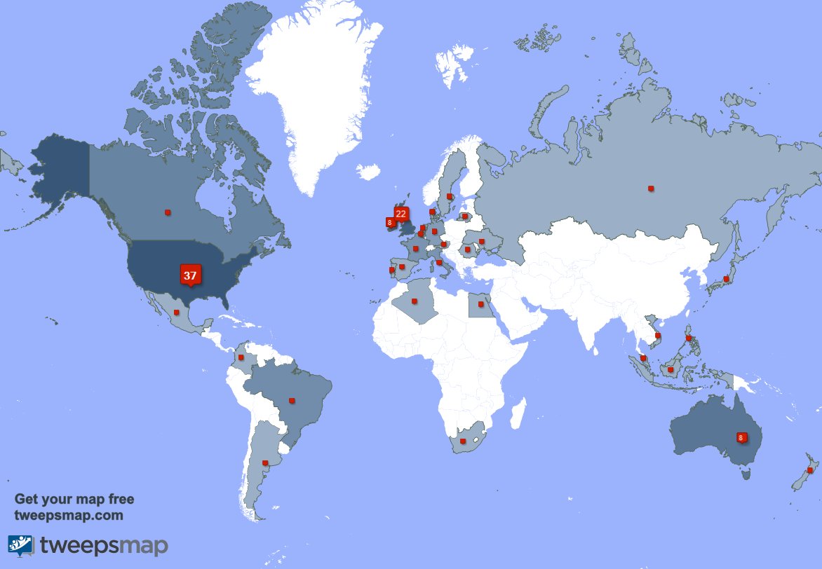 JBHWWproject's tweet photo. My followers live in 32 countries: USA(36%), UK.(21%)... https://t.co/JtL43H8dpU Get your free map! https://t.co/orx5rS06cM