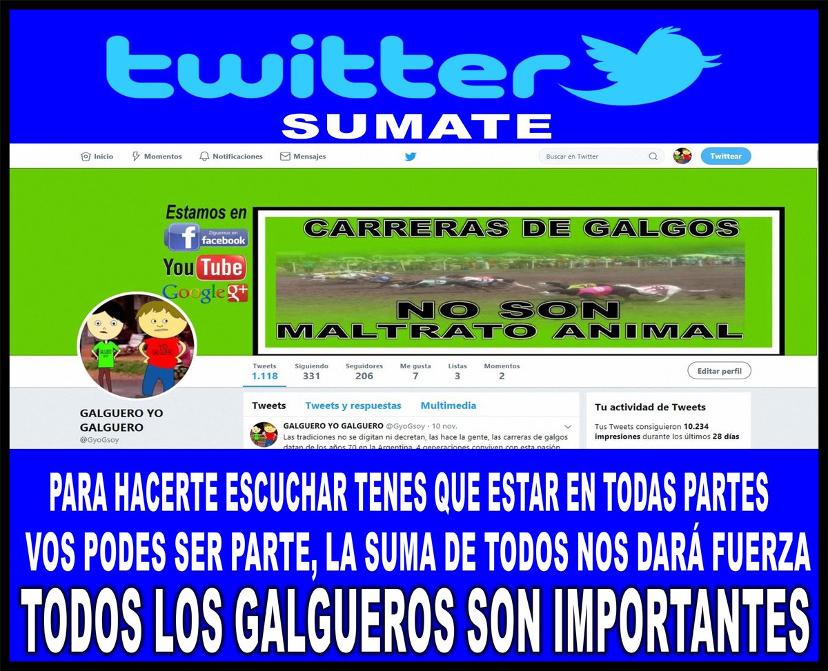 GyoGsoy's tweet photo. #Greyhoundcarreraslegales Para comenzar una etapa de participación masiva de los galgueros en las redes sociales, basta de ser observadores, hay que estar, decir, hacer y poner en alto las competencias de Greyhound y a los Galgueros, orgullo de ser y pertenecer  !VAMOS GALGUEROS¡ https://t.co/v1RXdkVaRg