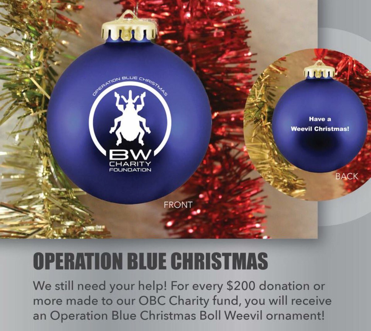 Everyone who donates $200 or more to #OperationBlueChristmas will receive a Weevil ornament as a token of our appreciation. Follow the link in our bio to donate today.