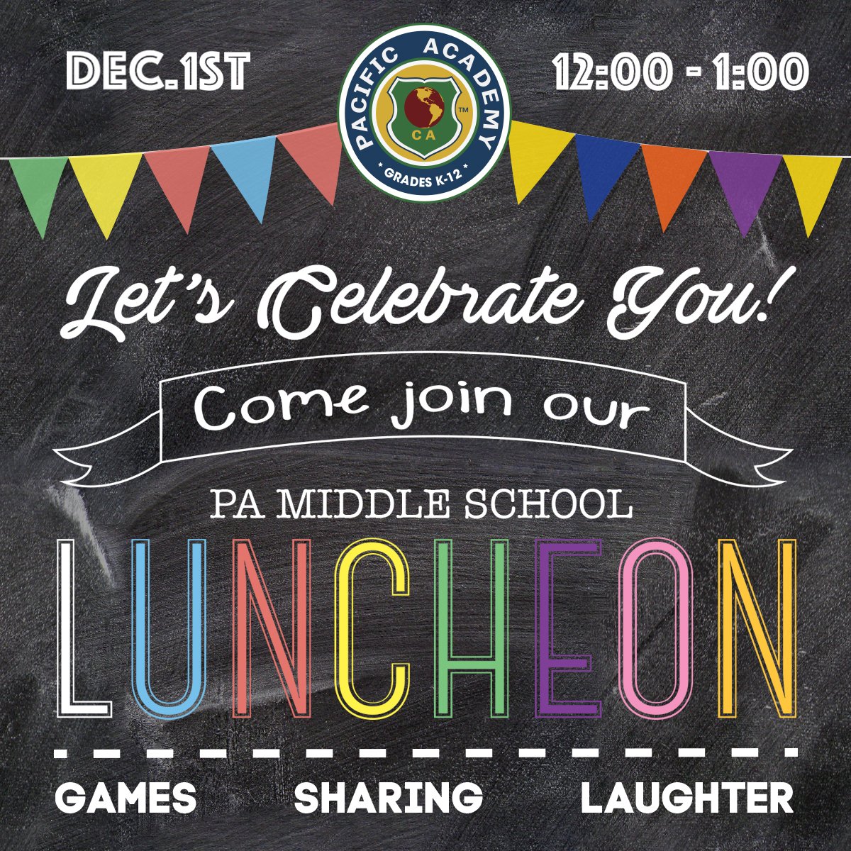 Pacific_Academy's tweet photo. Come and join our Pacific Academy Middle School Luncheon on Dec. 1st, 12:00PM-1:00PM!!! #middleschool  #luncheon #joinus https://t.co/P8jygKvOWu