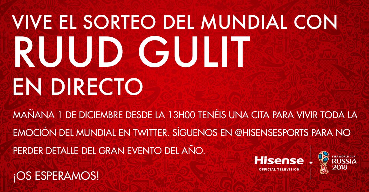HisenseIberiaES's tweet photo. Mañana vive en directo el sorteo del Mundial de Rusia 2017 con un invitado muy especial. No os lo podéis perder !!! #WorldCup2018 #ULED #HisenseTV #CoachHisense #WordlCupDraw @HisenseSports https://t.co/cq4sZhGqW6