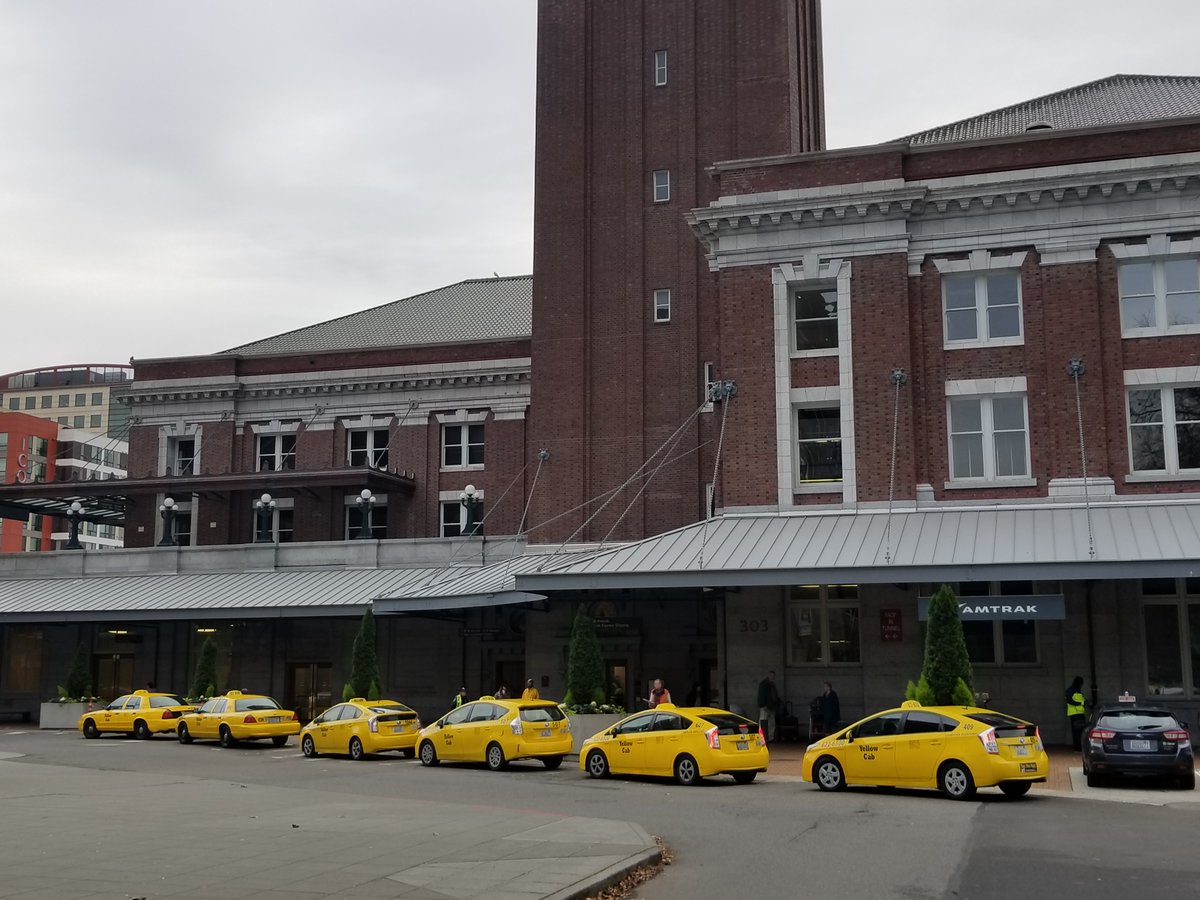 SEAYellowCab's tweet photo. Arriving at #Seattle's @Amtrak_Cascades ? We have plenty of eco-friendly #HelloYellow cars & #wheelchairvans ready and we never charge #surgepricing! #gobytaxi @VisitSeattle https://t.co/2e03o2rKQE