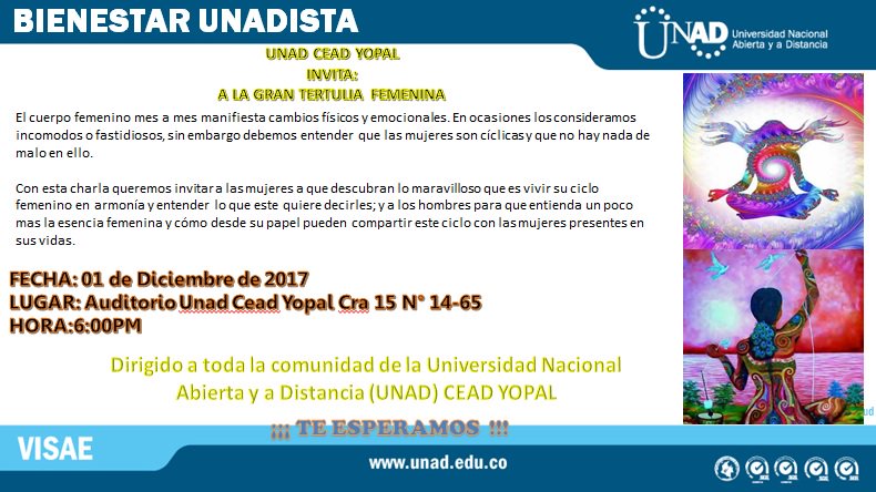 unadceadyopal's tweet photo. @UniversidadUNAD  #Yopal #Casanare invita a participar A la gran charla de tertulia femenina, viernes 01 de diciembre  a las 6:00pm. Cordialmente invitados y es gratis. Acompañanos. https://t.co/ed8TPwXmaV