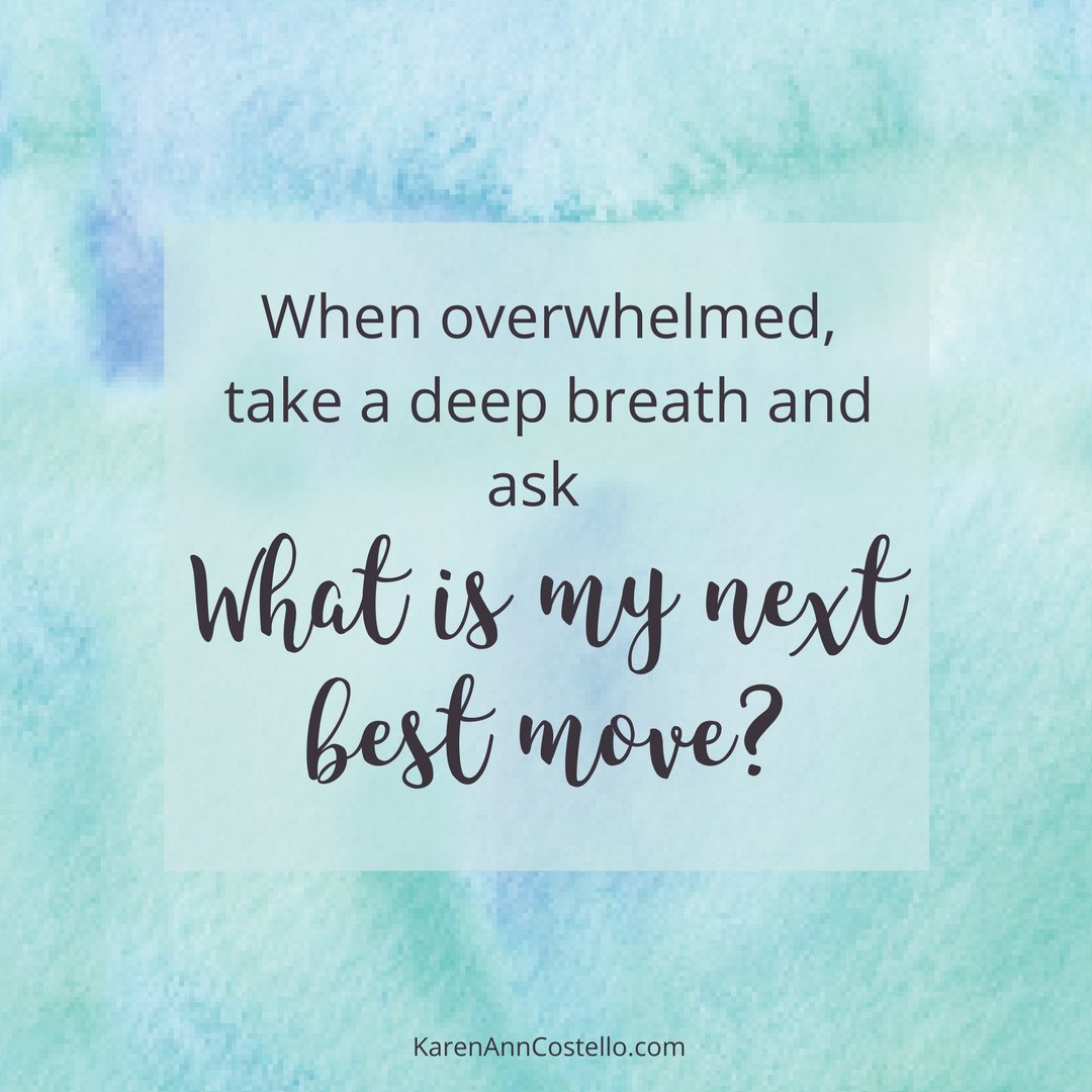 KarAnnCostello's tweet photo. Overwhelm usually leads to feeling stuck. Try not to look too far ahead and focus on living in the moment. Take a deep breath and ask, what is my next best move. Even if it’s a baby step taking action will get you one step closer to living your dream life #divorce #happyevenafter https://t.co/cZLiJ01Zw8