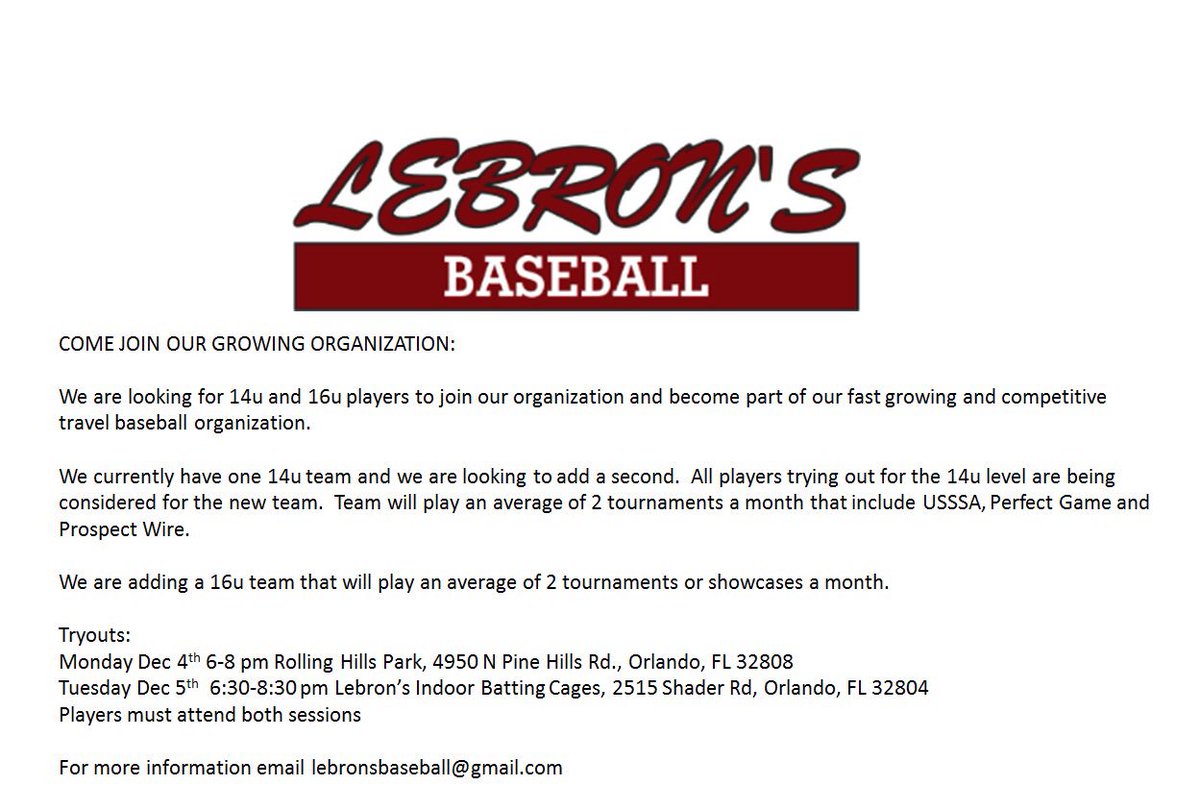 LebronsBaseball's tweet photo. Tryouts next Monday and Tuesday. 14u and 16u. Will be playing Prospect Wire, Perfect Game, USSSA https://t.co/wEh4403c6T