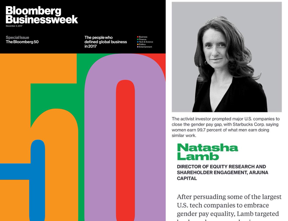 ArjunaCapital's tweet photo. Natasha Lamb makes "The Bloomberg 50" list - recognized as one of the 50 most influential people defining global business in 2017! Check out the link below &amp; watch the video, highlighting @nllamb!  https://t.co/6j8TXgh8nn #impactinvesting #genderpayequity #sustainablefinance https://t.co/OfExONjFGj