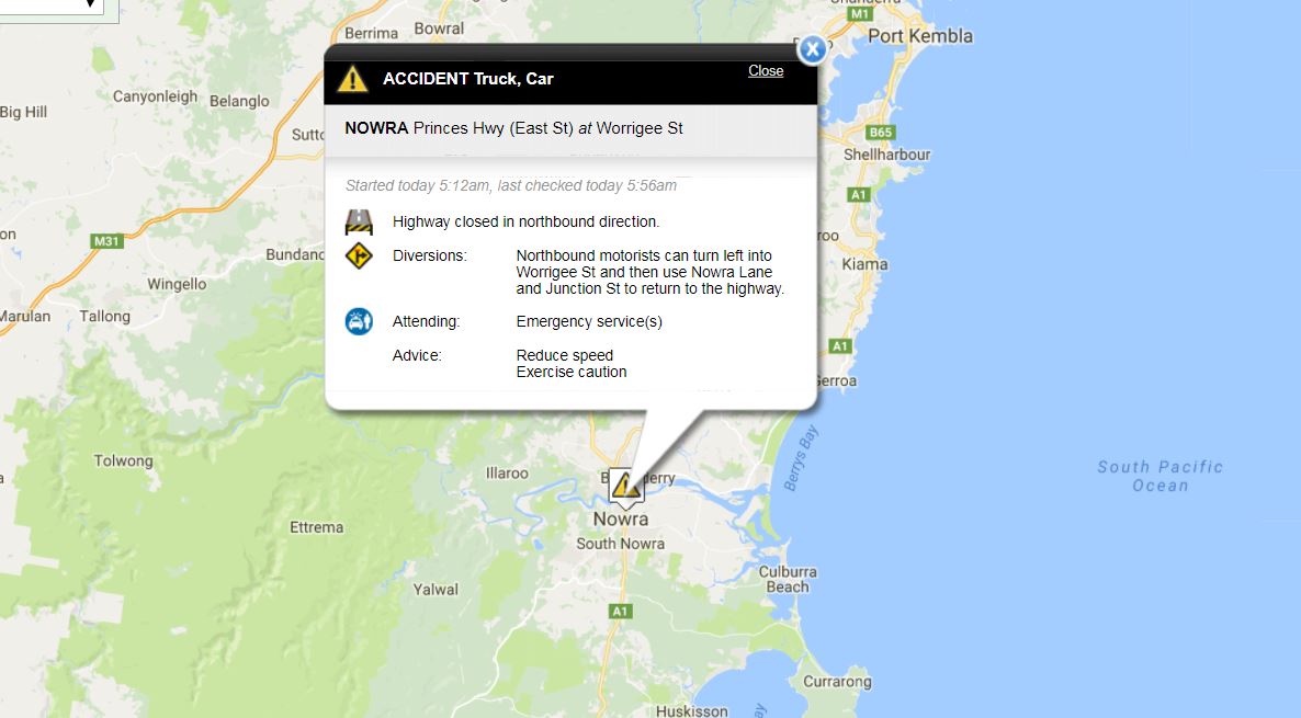 Northbound motorists should be aware of an accident on the Princes Highway at Nowra. Diversions are in place.