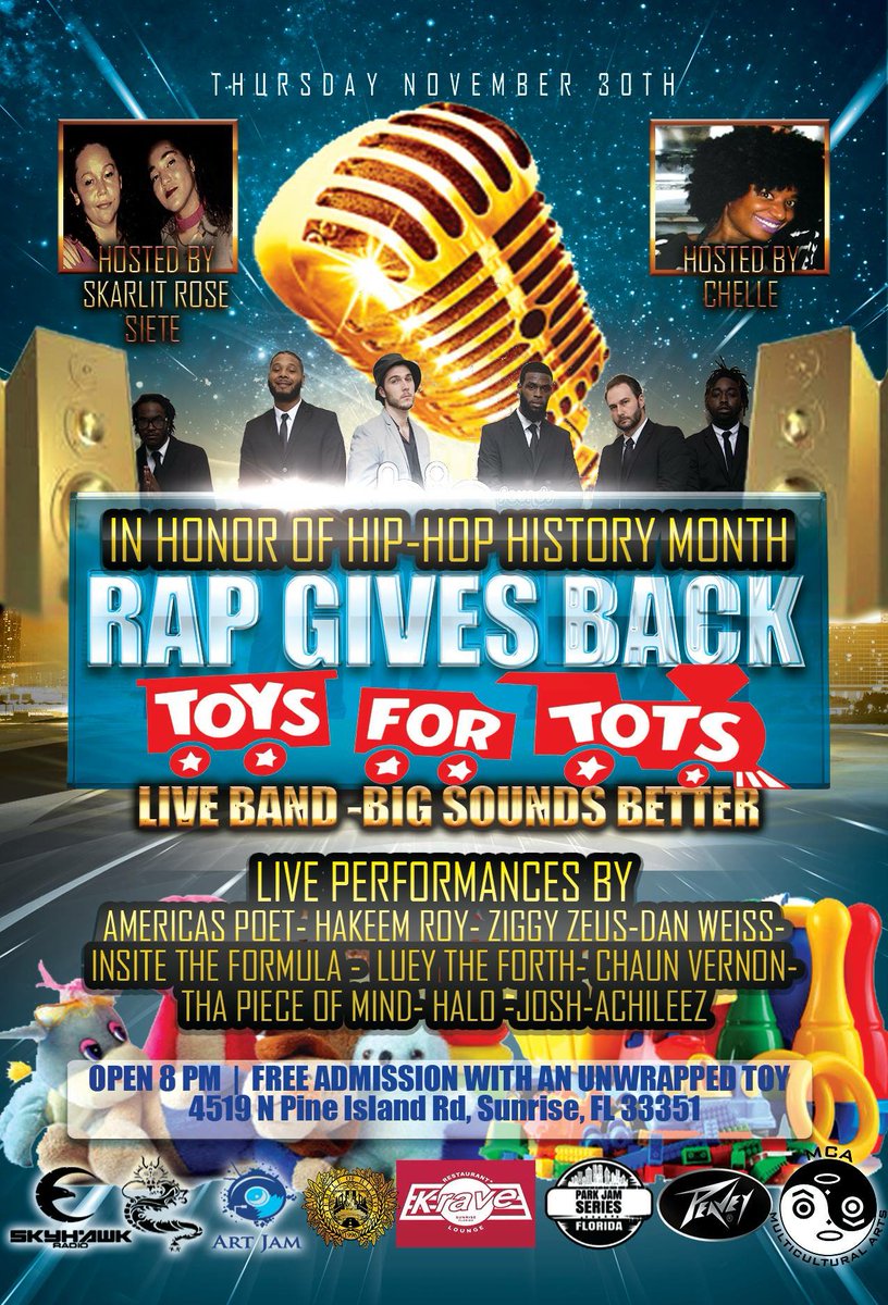 Miami_Legacy's tweet photo. TOMORROW 
#HHHM #HHAW #HHAM #HipHop #Tomorrow #MultiCulturalArts #MCA #ParkJamSeries #MiamiLegacy #KraveRestaurant #RapGivesBack #ToysForTots https://t.co/0imHv4urtp