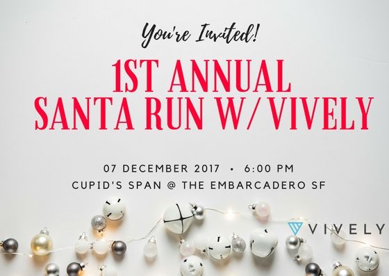 govively's tweet photo. Vively is hosting our first ever Santa Run on December 7th. Join us on the Embarcadero for a run and happy hour at Palomino. Santa Hats provided if you RSVP on our event page. 
https://t.co/sshv7Ezkyo #santarun #sanfrancisco #govively #vivavively https://t.co/ZTjnhdAeZc