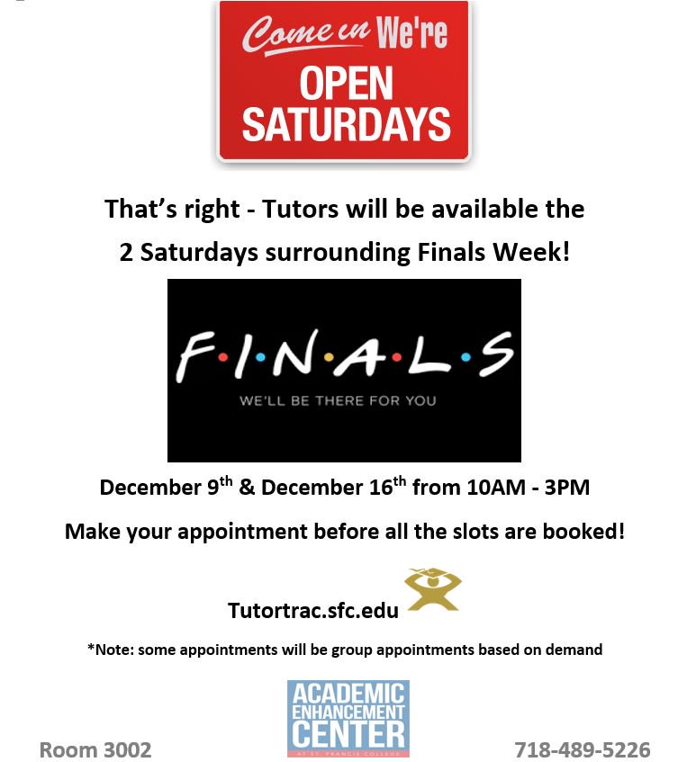 SFCAdvisement's tweet photo. Saturday tutoring will be available on December 9th and December 12th! #SFCTutor https://t.co/FbL77IDqfE