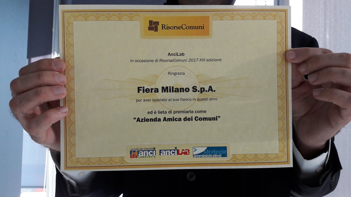 FieraMilanoSpa's tweet photo. #Sinergievincenti @SICUREZZA2017 @AnciLomb @strategieamm
#30novembre #FieraMilano premiata come "Azienda Amica dei Comuni". #RisorseComuni 2017
@ANCI_comunicare https://t.co/3FN5ZTTj1V