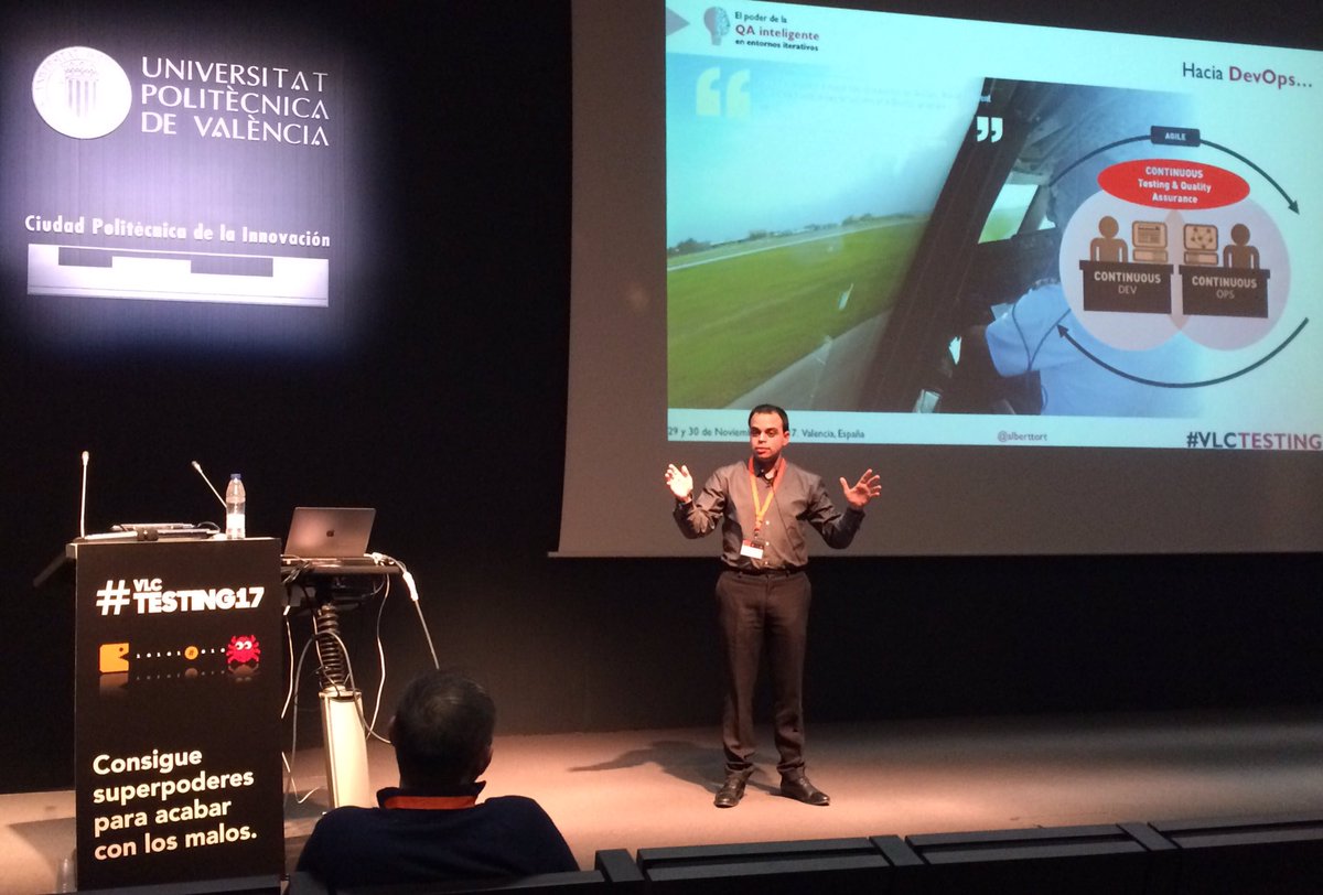 SogetiSpain's tweet photo. ¡Ya ha empezado la charla sobre QA inteligente en entornos iterativos de nuestro compañero @alberttort! Si estás en el #vlctesting17 aún estás a tiempo de pasarte por el Cubo Azul y descubrir soluciones como 👉🏻 #kcycle o #wiseQA 👈🏻 https://t.co/n9OmGONoZQ
