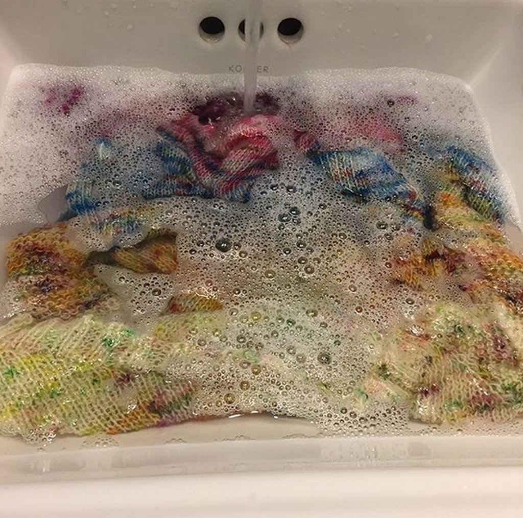 Eucalan's tweet photo. A beautiful So Faded sweater having a bath with Lavender Eucalan! Repost from @amandapandaknits: "My lavender eucalan is working it’s magic on my wool. My so faded sweater is getting a luxurious soak before I can wear it. It’s almost ready! 😀 #sofade… https://t.co/EVKMoukt5N https://t.co/MrGlgCnkDh