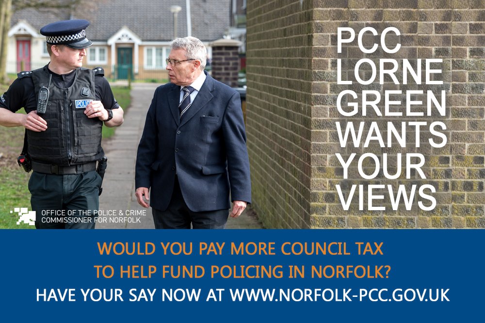 NorfolkPCC's tweet photo. @LorneGreenPCC would like to hear from you - would you be willing to pay more Council Tax to help fund policing in #Norfolk?>> https://t.co/TC9egymKiL https://t.co/Ox2KBaE8Bi
