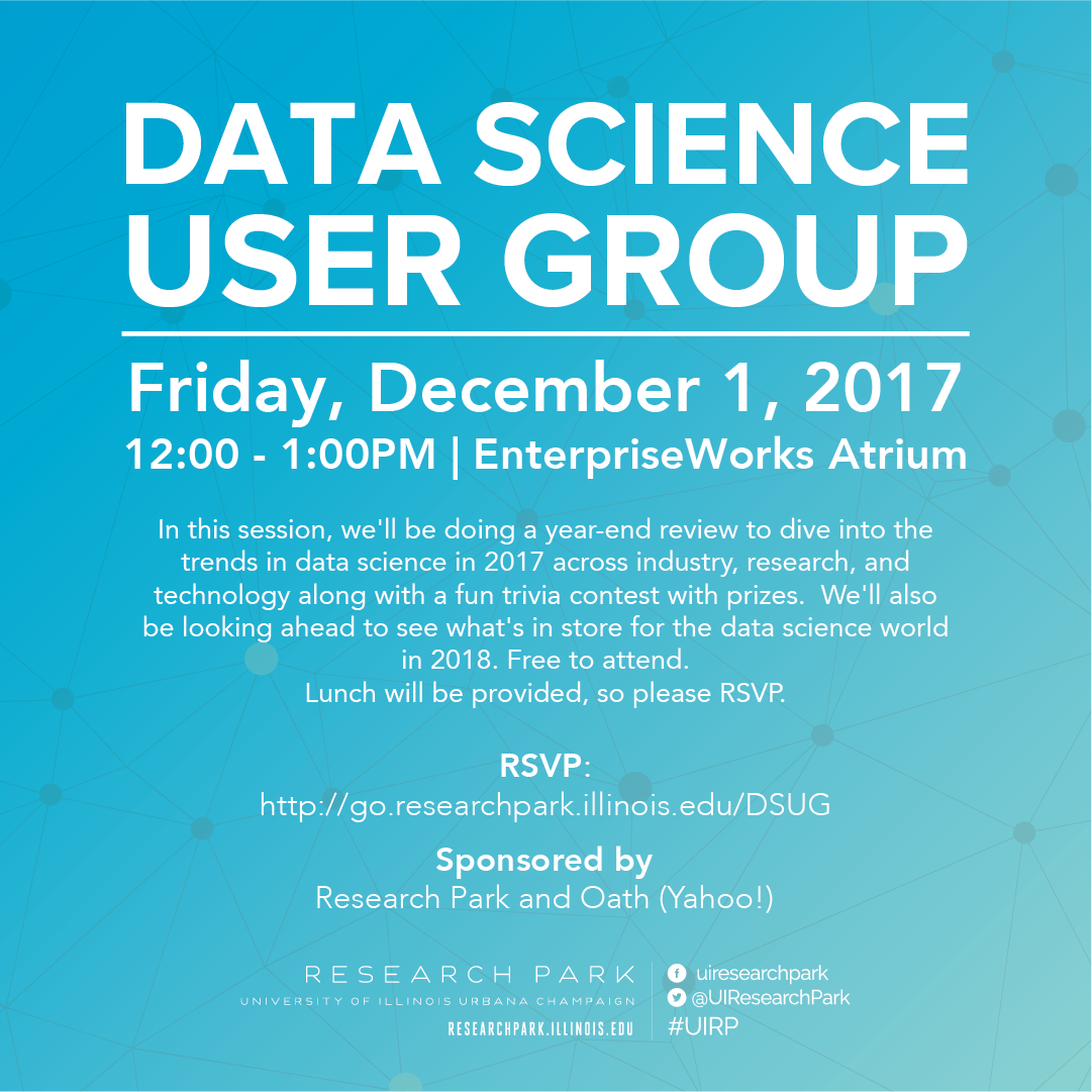 UIResearchPark's tweet photo. Join us for December #DSUG on Friday, 12/1, from 12-1PM at EnterpriseWorks, where we will conduct a year-end review of trends in data science in 2017. https://t.co/6accufGKlj