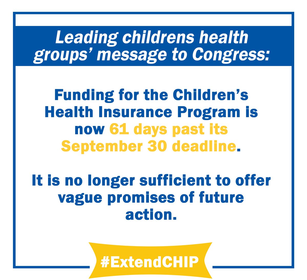 Leading children’s health groups are urging Congress to work together and #ExtendCHIP. It shouldn’t take a child losing access to health insurance to get Congress to act. aap.org/en-us/advocacy…