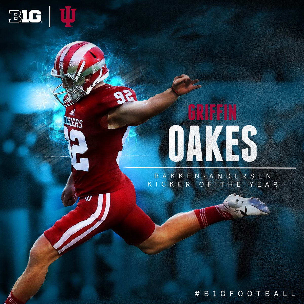 B1Gfootball's tweet image. Griffin Oakes of @HoosierFootball named 2017 #B1GFootball Bakken-Andersen Kicker of the Year.