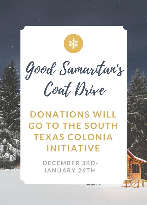 TAMUCC_GSC's tweet photo. We will be having a coat drive beginning December 3rd until January 26th! Keep an eye out for our boxes around campus during that time! All donations will be given to the South Texas Colonia Initiative and distributed to families in need. #GoodSamGivesBack https://t.co/oijb168G71