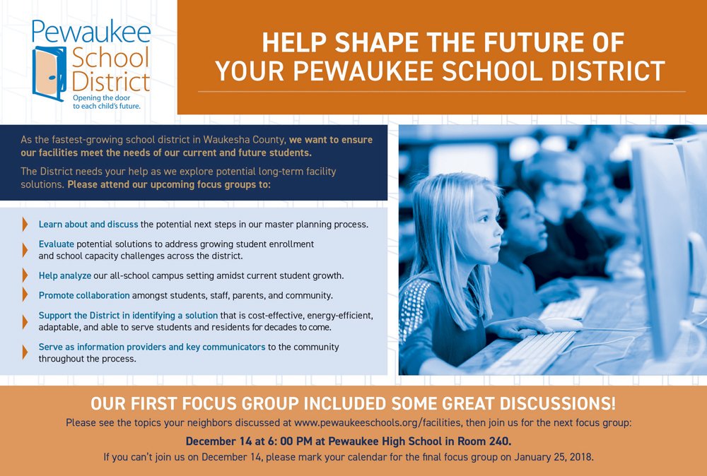 PewaukeeES's tweet photo. SAVE THE DATE: Dec. 14. Be part of our facilities master planning and help shape the future of your schools by attending our second focus group Dec. 14 at 6 p.m. @PewaukeeHS https://t.co/I3MewUb4lb