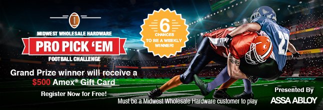 Only six more chances to be a weekly winner in our Pro Pick'em football challenge for Midwest Wholesale Hardware customers!  Don't miss out!
