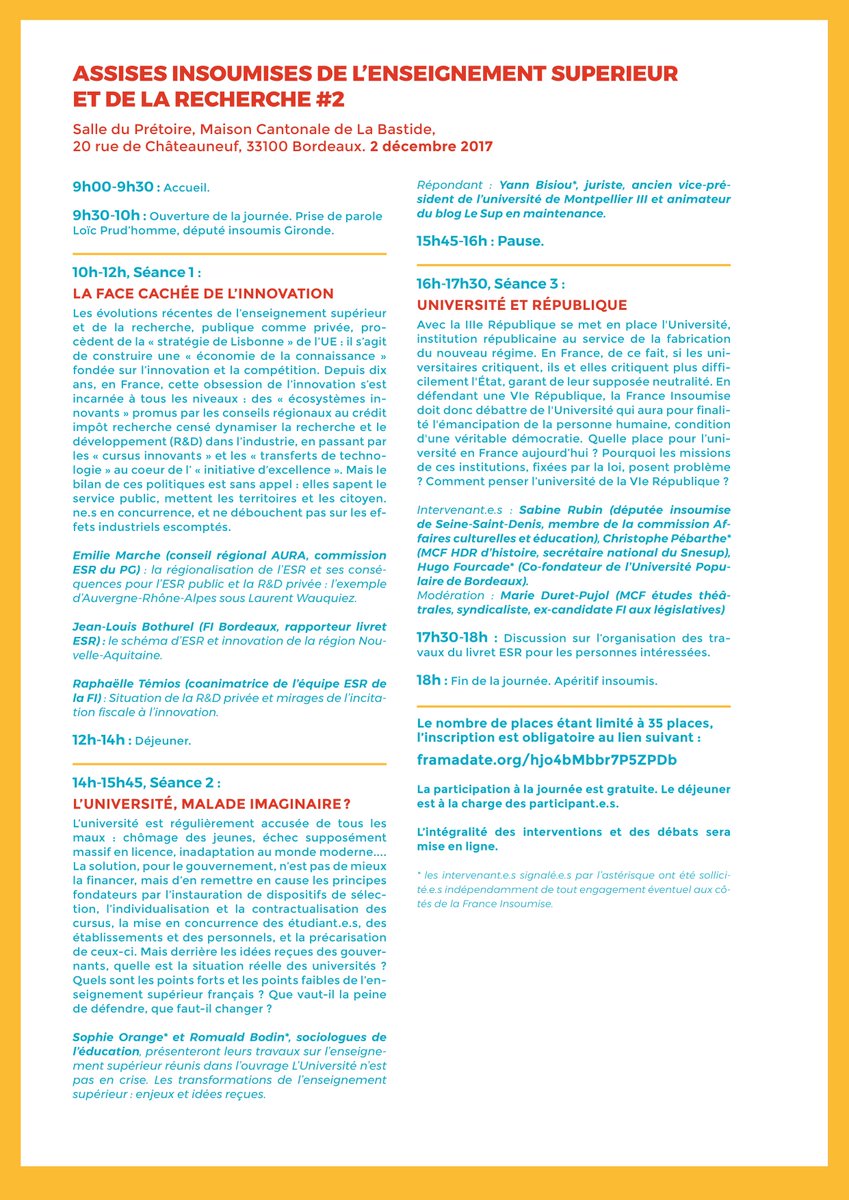 MarieDuretPujol's tweet photo. Les #AssisesESR de la @FranceInsoumise, c'est samedi 2 décembre à #Bordeaux. Venez parler de l'#ESR, du #CIR, du #PlanEtudiants, de la #6eRépublique et même de #Wauquiez. Venez penser l'#AvenirEnCommun ! (mais sans L. Wauquiez). https://t.co/6aPE0mNC70