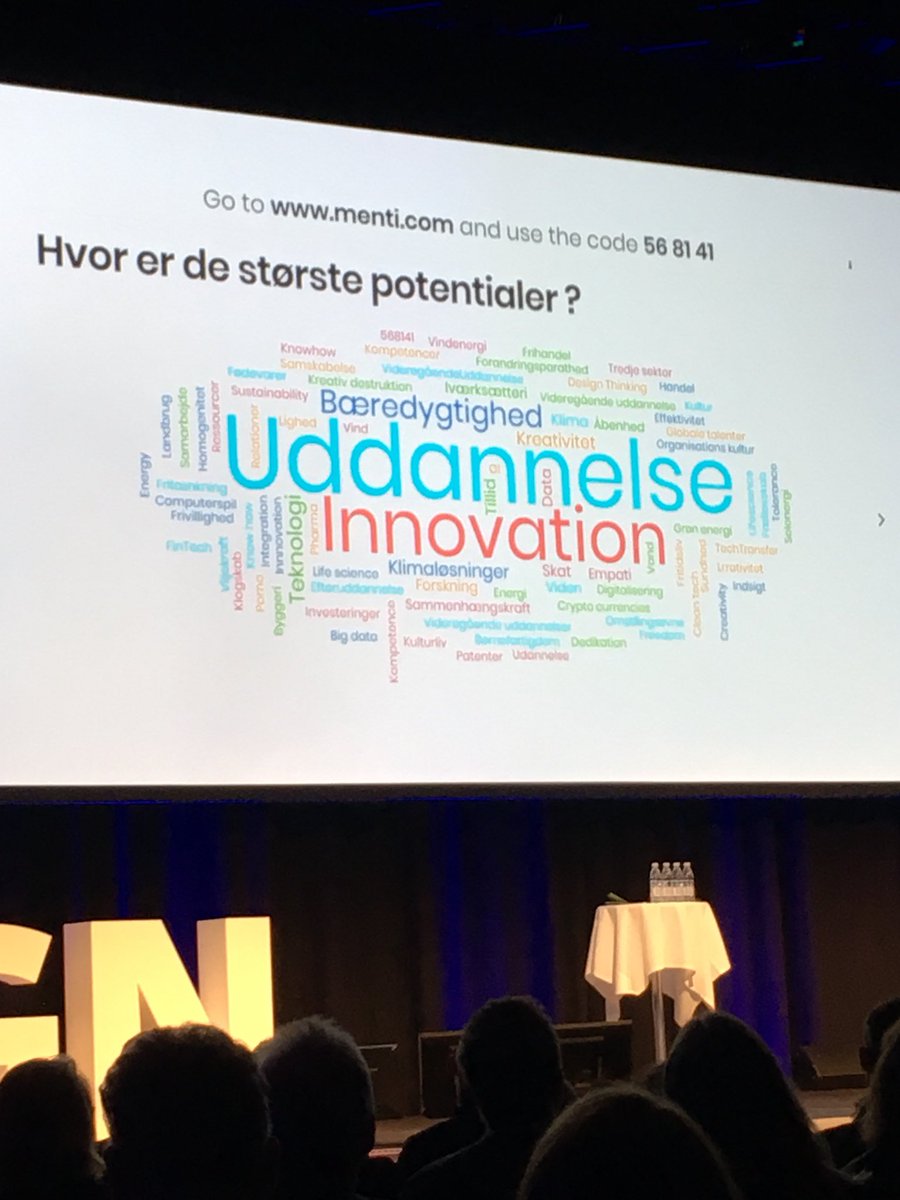 BirgitteLieSuhr's tweet photo. De tre vigtigste ting, som Danmark skal leve af i fremtiden jf. afstemning på Small Great Nation-konference: uddannelse, innovation, bæredygtighed @fondenkraka @DeloitteDanmark https://t.co/hwS2g0DxFF
