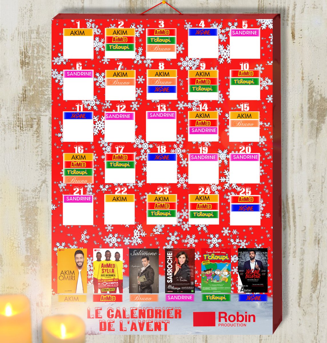ProductionRobin's tweet photo. Le seul #CalendrierDelAvent dont vous avez besoin !
Un spectacle par soir tout le mois.
#RobinProduction
Venez voir @AkimOmiri @Ahmed_Sylla #BrunoSalomone @sarroche @BelattarYassine ou encore #Tchoupi sur scène, à Paris ou en tournée. https://t.co/FvtvJ9Z35z